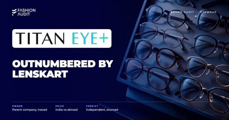 Titan Eyeplus brand audit by FashionAudit: Titan Eyeplus logo over a selection of optical eyeglass frames on a display stand