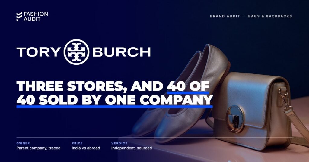 Tory Burch brand audit by FashionAudit: Tory Burch logo over a pair of leather ballet flats in pale gold and a structured leather crossbody bag