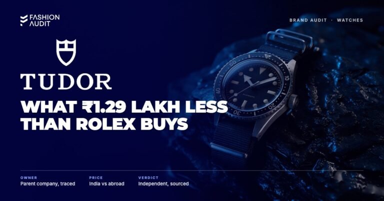Tudor brand audit by FashionAudit: Tudor logo over a steel dive watch on wet rock