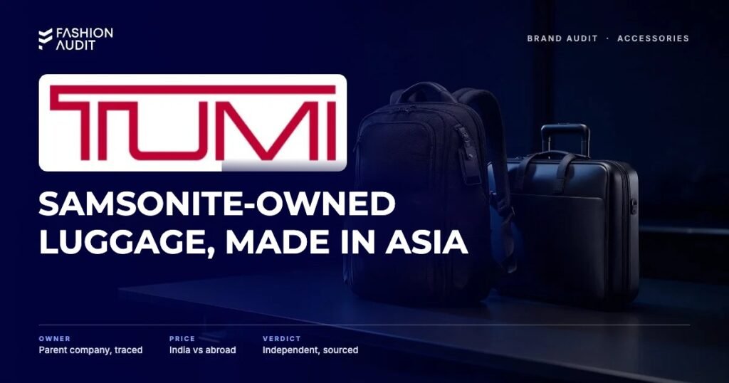 Tumi brand audit by FashionAudit: Tumi logo and the headline “Samsonite-Owned Luggage, Made in Asia” over a black ballistic-nylon business backpack and a sleek carry-on briefcase