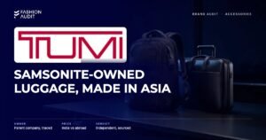 Tumi brand audit by FashionAudit: Tumi logo and the headline “Samsonite-Owned Luggage, Made in Asia” over a black ballistic-nylon business backpack and a sleek carry-on briefcase