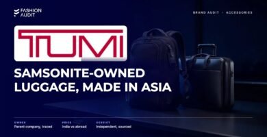 Tumi brand audit by FashionAudit: Tumi logo and the headline “Samsonite-Owned Luggage, Made in Asia” over a black ballistic-nylon business backpack and a sleek carry-on briefcase