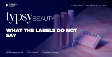 Typsy Beauty brand audit by FashionAudit: Typsy Beauty logo over pastel liquid lipsticks and a blush palette on a pink marble surface