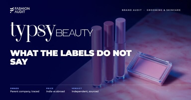 Typsy Beauty brand audit by FashionAudit: Typsy Beauty logo over pastel liquid lipsticks and a blush palette on a pink marble surface