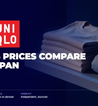 Uniqlo brand audit by FashionAudit: Uniqlo logo over stacked basic t-shirts and a light down jacket