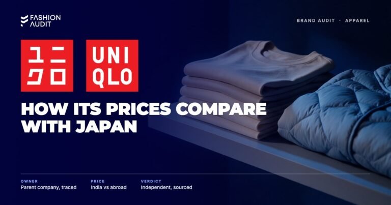 Uniqlo brand audit by FashionAudit: Uniqlo logo over stacked basic t-shirts and a light down jacket