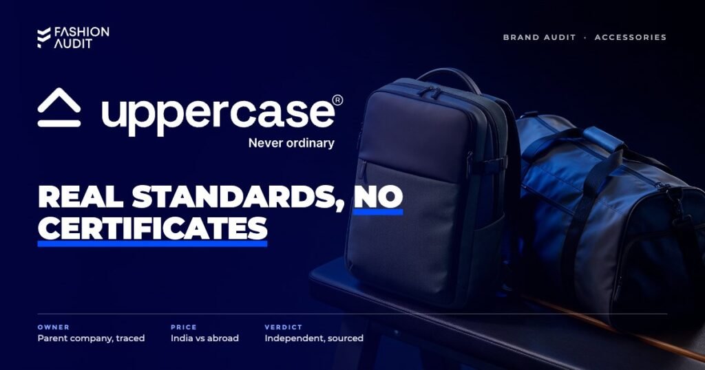 uppercase brand audit by FashionAudit: uppercase logo over a modern eco-friendly laptop backpack and duffel on a gym bench