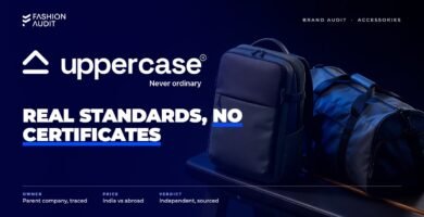 uppercase brand audit by FashionAudit: uppercase logo over a modern eco-friendly laptop backpack and duffel on a gym bench
