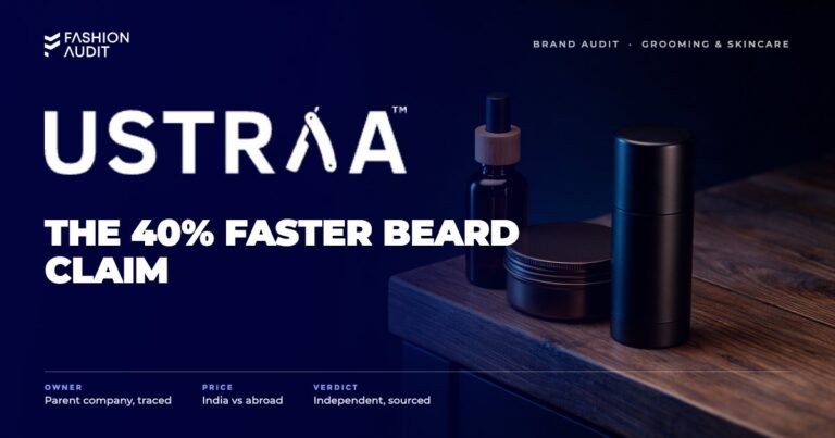 Ustraa brand audit by FashionAudit: Ustraa logo over men's beard oil
