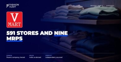 V-Mart brand audit by FashionAudit: V-Mart logo over value-priced everyday family clothing stacked on store shelves