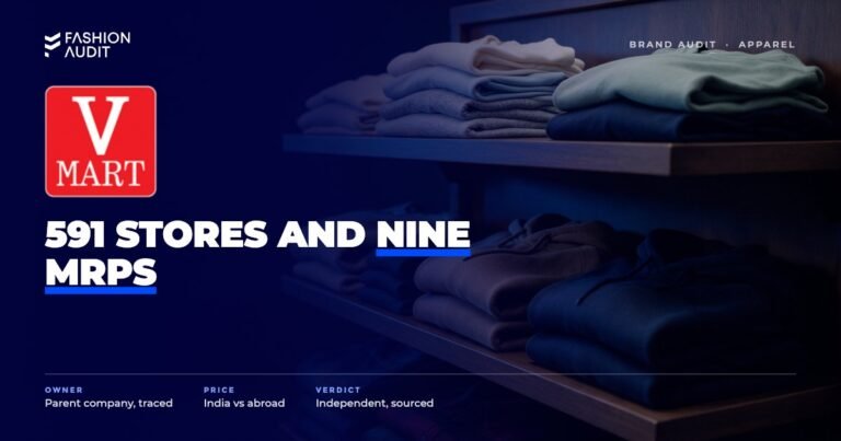 V-Mart brand audit by FashionAudit: V-Mart logo over value-priced everyday family clothing stacked on store shelves