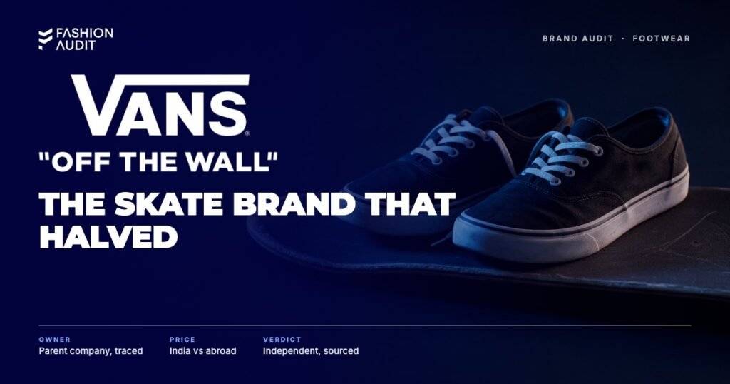 Vans brand audit by FashionAudit: Vans logo over a pair of black canvas low-top skate shoes with white rubber soles