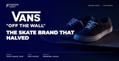 Vans brand audit by FashionAudit: Vans logo over a pair of black canvas low-top skate shoes with white rubber soles