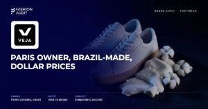 VEJA brand audit by FashionAudit: VEJA logo and the headline “Paris Owner, Brazil-Made, Dollar Prices” over a pair of white leather sneakers with rubber soles