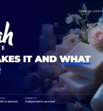 Vilvah brand audit by FashionAudit: Vilvah logo over goat-milk soap bars and natural skincare bottles with fresh flowers