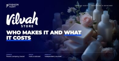 Vilvah brand audit by FashionAudit: Vilvah logo over goat-milk soap bars and natural skincare bottles with fresh flowers