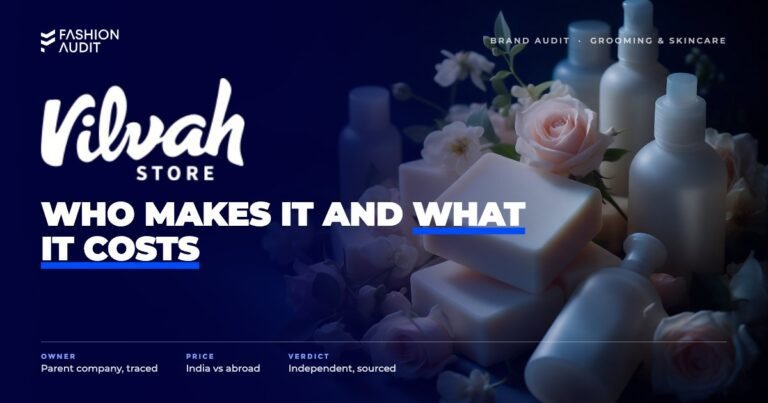 Vilvah brand audit by FashionAudit: Vilvah logo over goat-milk soap bars and natural skincare bottles with fresh flowers