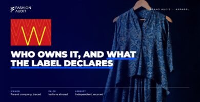 W for Woman: who owns it, what it costs, and what the label declares brand audit by FashionAudit: W for Woman: who owns it, what it costs, and what the label declares logo over a contemporary printed kurta with palazzo pants on a wooden hanger