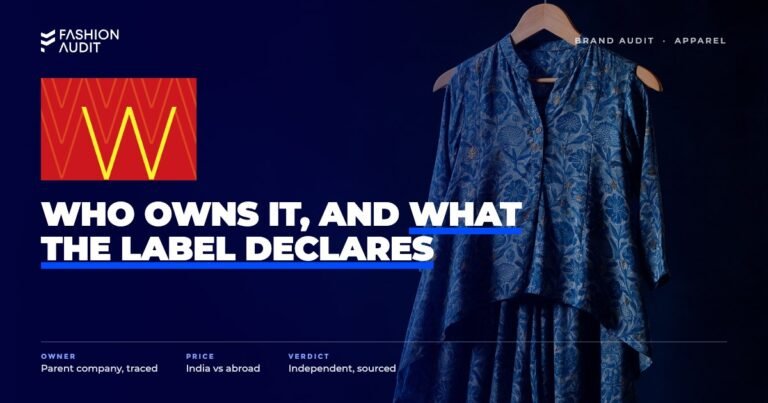 W for Woman: who owns it, what it costs, and what the label declares brand audit by FashionAudit: W for Woman: who owns it, what it costs, and what the label declares logo over a contemporary printed kurta with palazzo pants on a wooden hanger