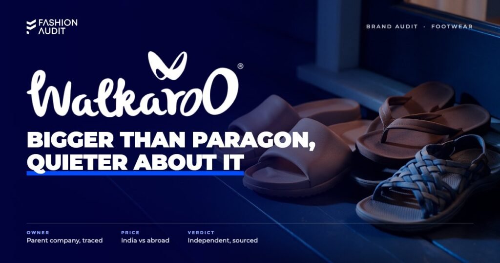 Walkaroo brand audit by FashionAudit: Walkaroo logo over comfortable everyday sandals and flip-flops on a sunny porch
