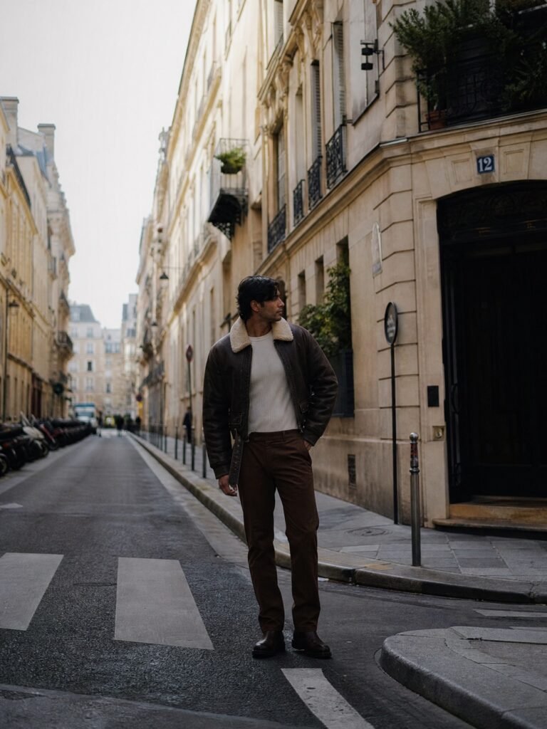 A man in a cropped dark brown leather bomber with a cream shearling collar, a crew-neck knit and boots