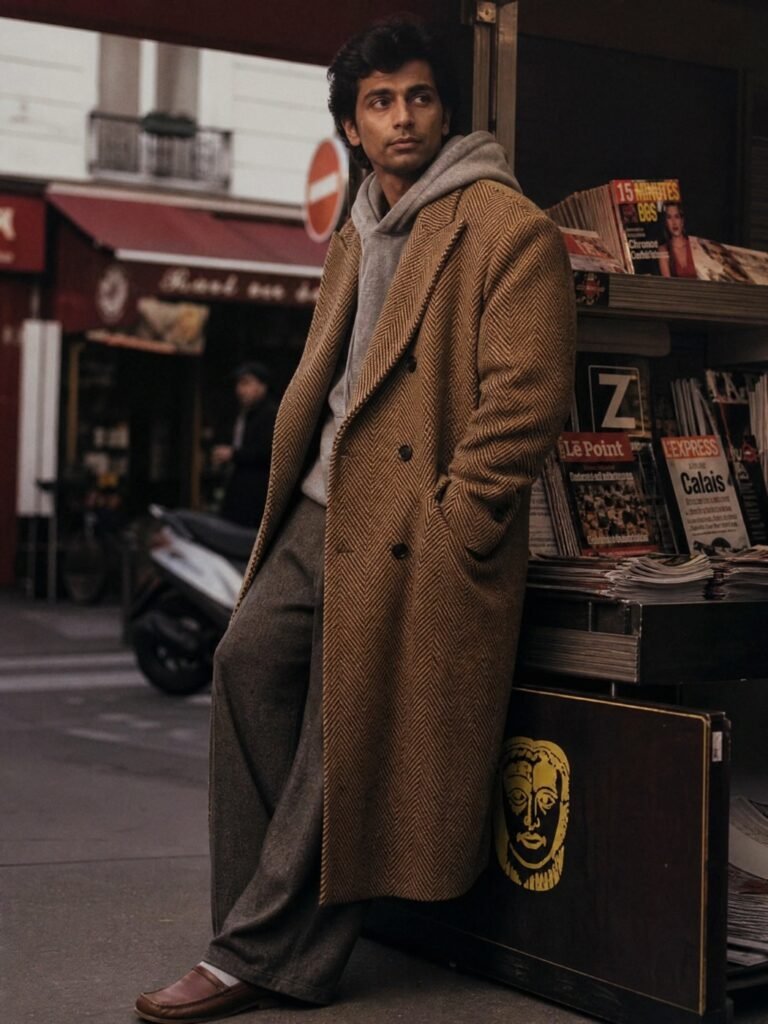 A man in a shin-length camel herringbone overcoat over a grey hoodie with wide trousers and loafers