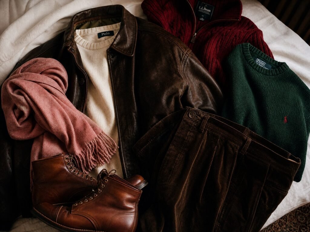 A flat lay of winter menswear in chocolate brown, merlot, forest green and cream with a dusty pink scarf