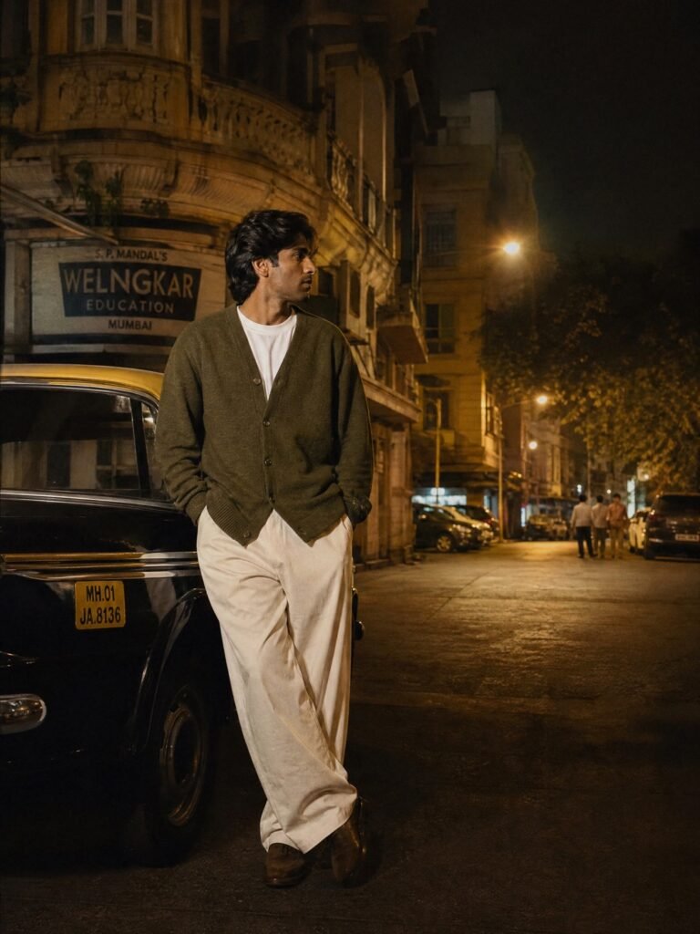A young man in an olive cardigan over a white tee and wide cotton trousers on a mild winter evening in Mumbai