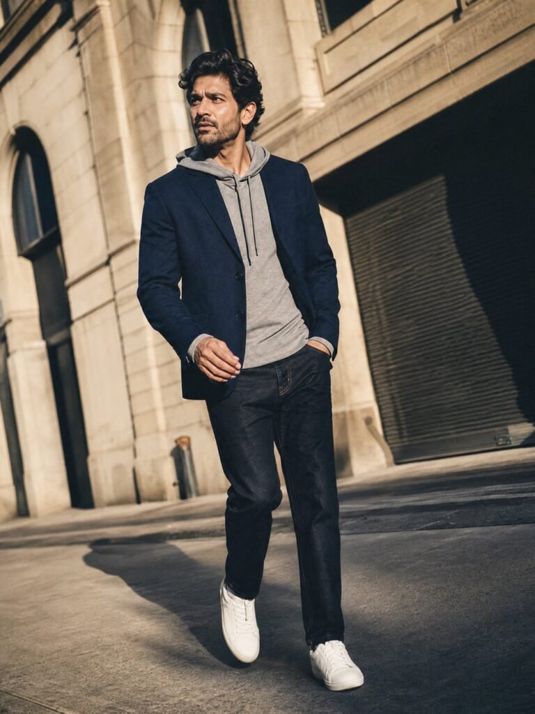 A man in a navy blazer over a grey hoodie with dark jeans and white sneakers