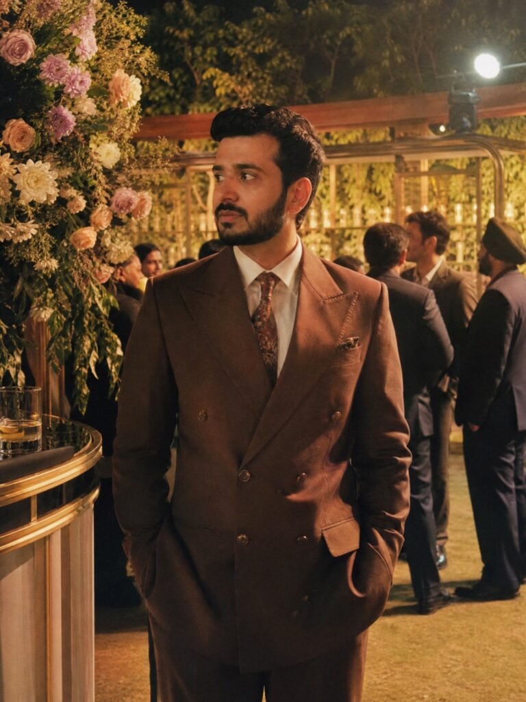 A man in a brown double-breasted suit with wide lapels at an evening wedding reception