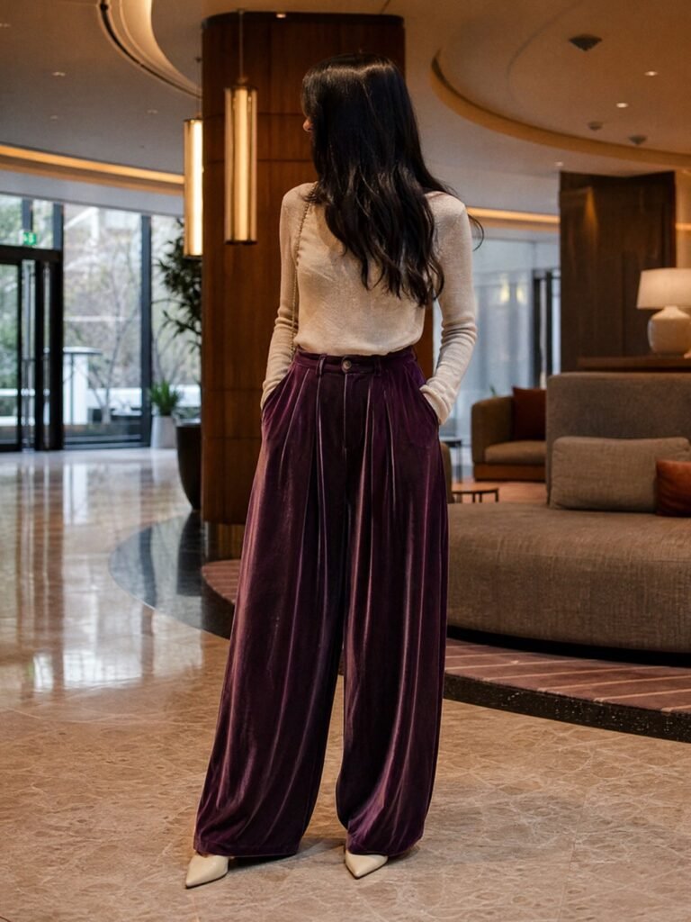 A woman, seen from behind, in wide plum velvet trousers, a tucked-in cream knit and pointed heels