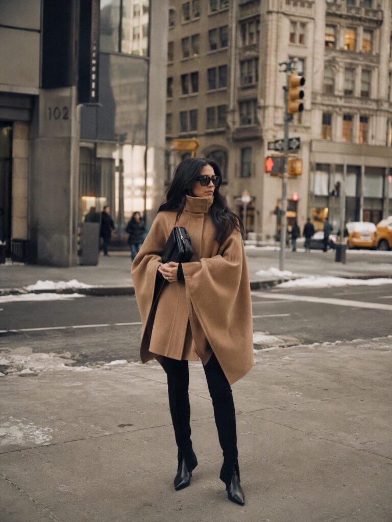 A woman in a camel wool cape coat with a high funnel neck, slim black trousers and pointed boots