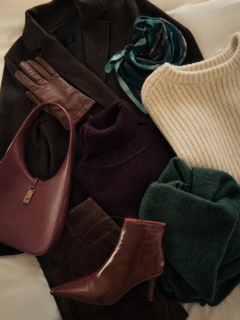 A flat lay of women's winter clothes in deep brown, burgundy, plum, cream and forest green with a teal silk scarf
