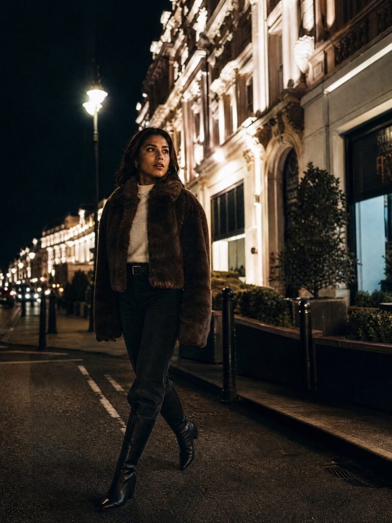 A woman in a cropped chocolate-brown faux fur jacket over a cream knit with dark jeans and tall riding boots