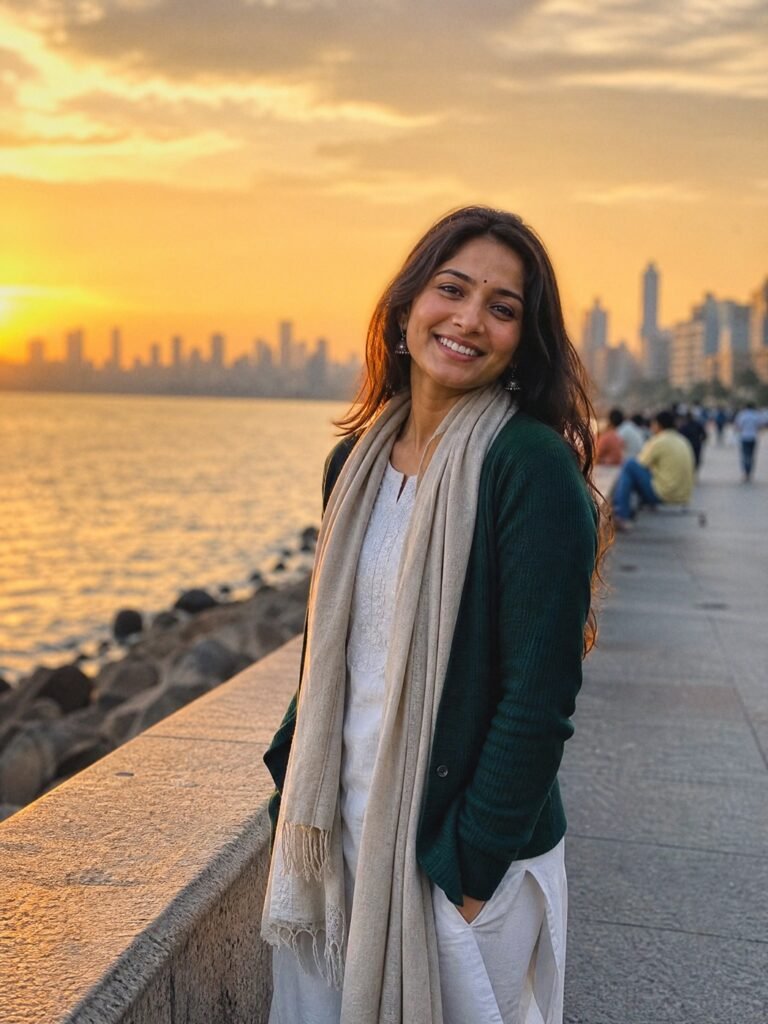 A smiling young woman in a forest-green cardigan over a white kurta with a light wool stole by the sea in Mumbai at sunset