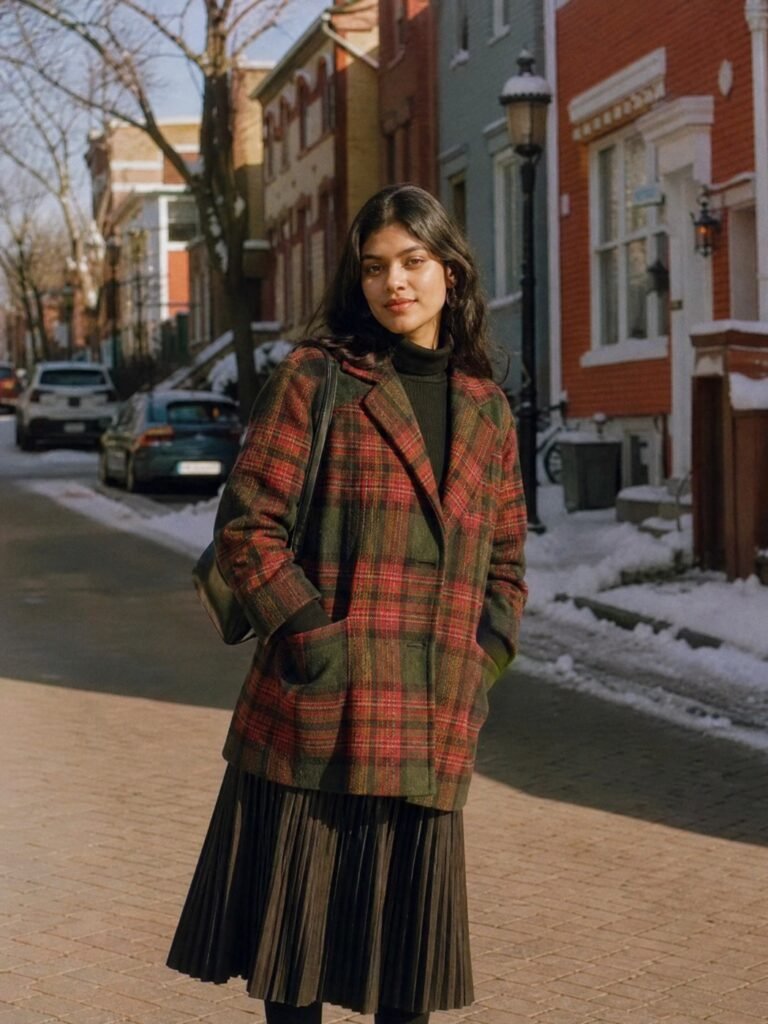 A woman in a red and green tartan wool coat over a black roll-neck and a pleated midi skirt