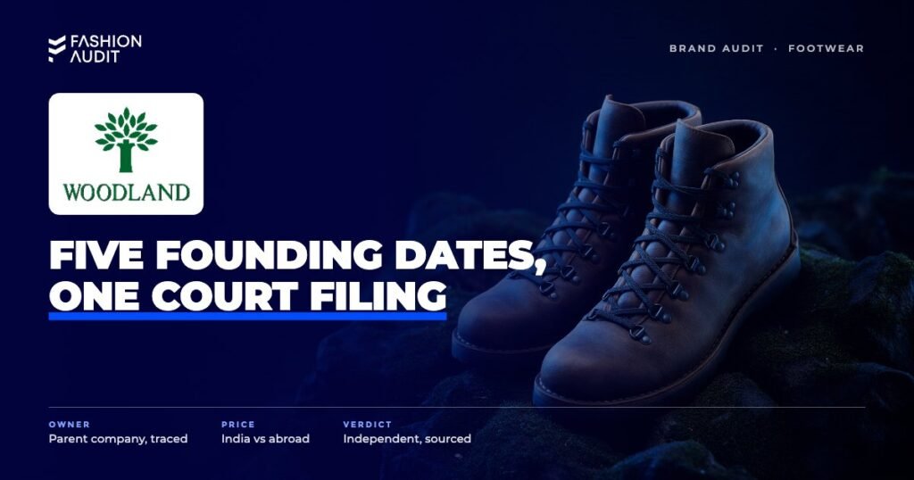 Woodland brand audit by FashionAudit: Woodland logo over a pair of rugged outdoor leather boots on mossy forest rocks