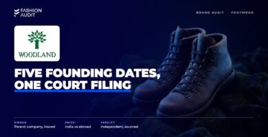 Woodland brand audit by FashionAudit: Woodland logo over a pair of rugged outdoor leather boots on mossy forest rocks
