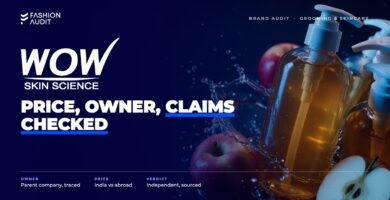 WOW Skin Science brand audit by FashionAudit: WOW Skin Science logo over apple cider vinegar shampoo bottles beside fresh apples and water splash