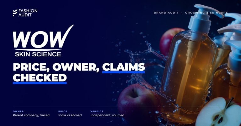 WOW Skin Science brand audit by FashionAudit: WOW Skin Science logo over apple cider vinegar shampoo bottles beside fresh apples and water splash