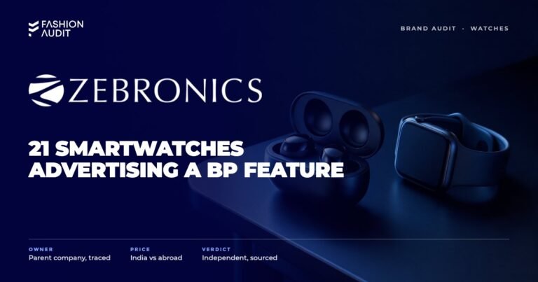 Zebronics brand audit by FashionAudit: Zebronics logo over wireless earbuds in an open charging case and a smartwatch on a gaming desk