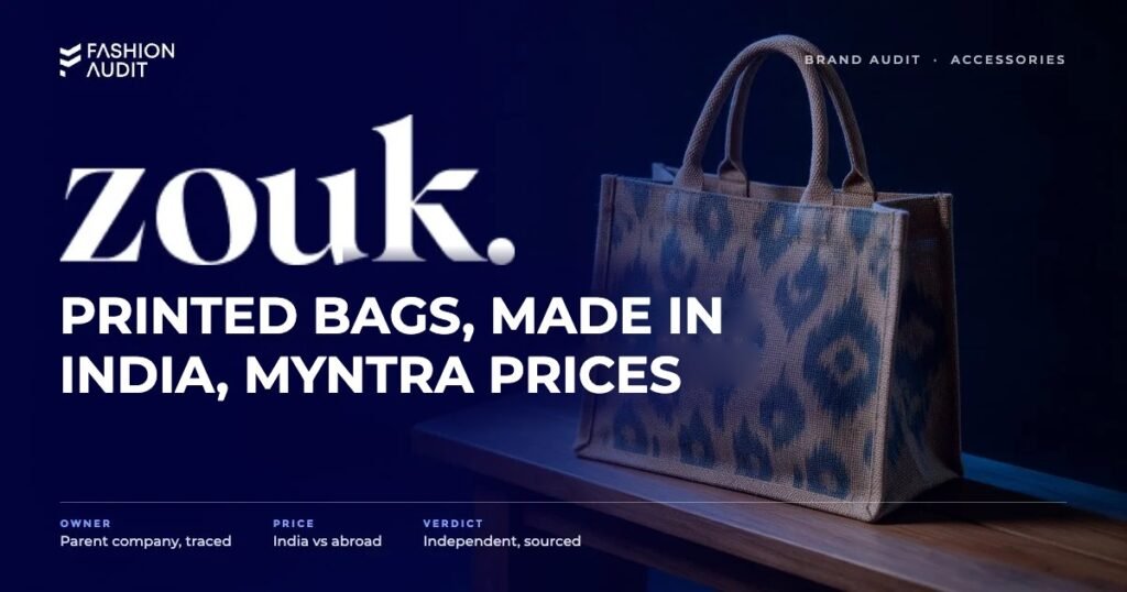 Zouk brand audit by FashionAudit: Zouk logo and the headline “Printed Bags, Made in India, Myntra Prices” over a handcrafted tote bag with ikat prints on a wooden bench