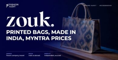Zouk brand audit by FashionAudit: Zouk logo and the headline “Printed Bags, Made in India, Myntra Prices” over a handcrafted tote bag with ikat prints on a wooden bench